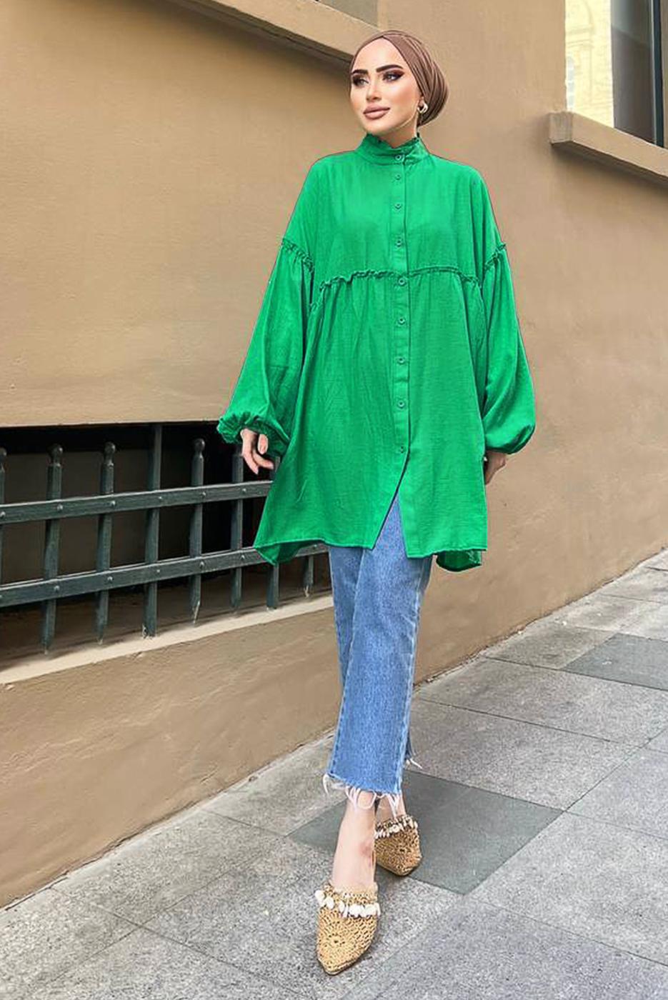 Tesettür giyim YEŞİL YAKASI FIRFIR DETAYLI DÜĞMELİ MÜSLİN TUNİK 931	
