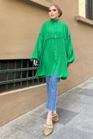 Tesettür giyim YEŞİL YAKASI FIRFIR DETAYLI DÜĞMELİ MÜSLİN TUNİK 931	