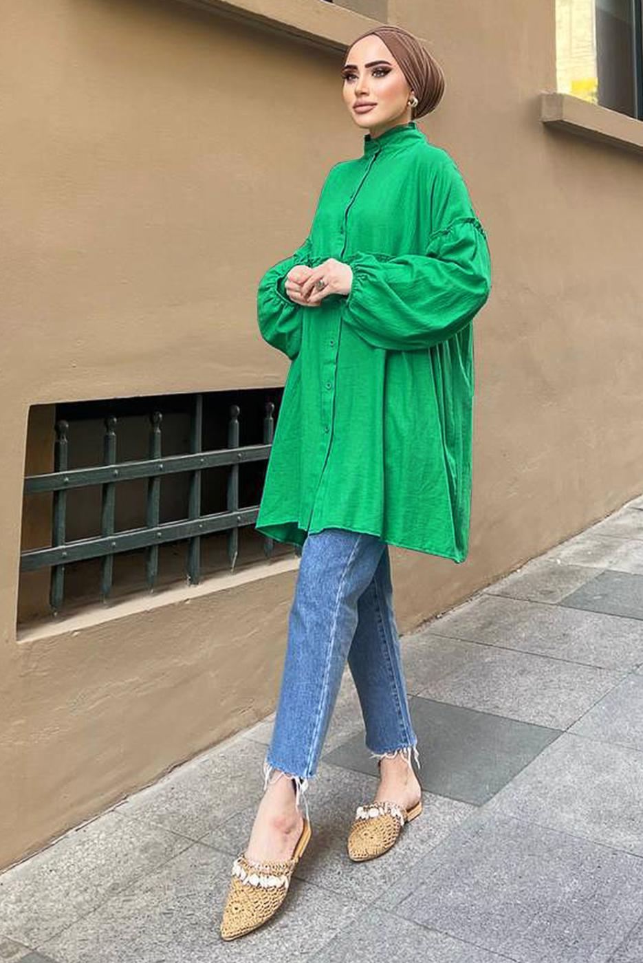 Tesettür giyim YEŞİL YAKASI FIRFIR DETAYLI DÜĞMELİ MÜSLİN TUNİK 931	