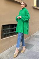 Tesettür giyim YEŞİL YAKASI FIRFIR DETAYLI DÜĞMELİ MÜSLİN TUNİK 931	