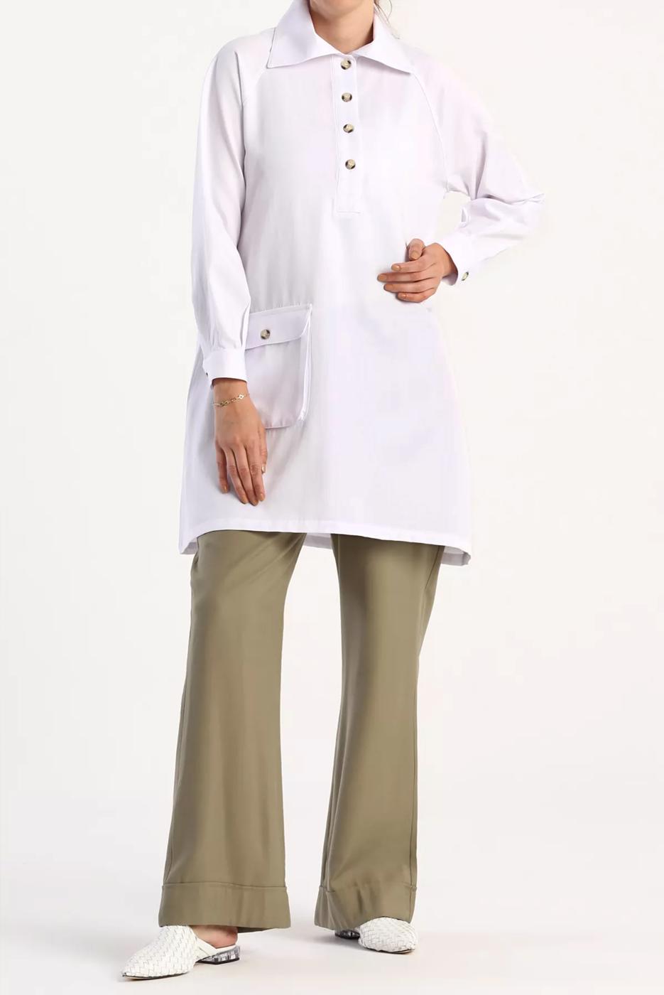 Vêtements hijab BLANC TUNIQUE COL POLO BOUTONNÉE AVEC POCHE 12005