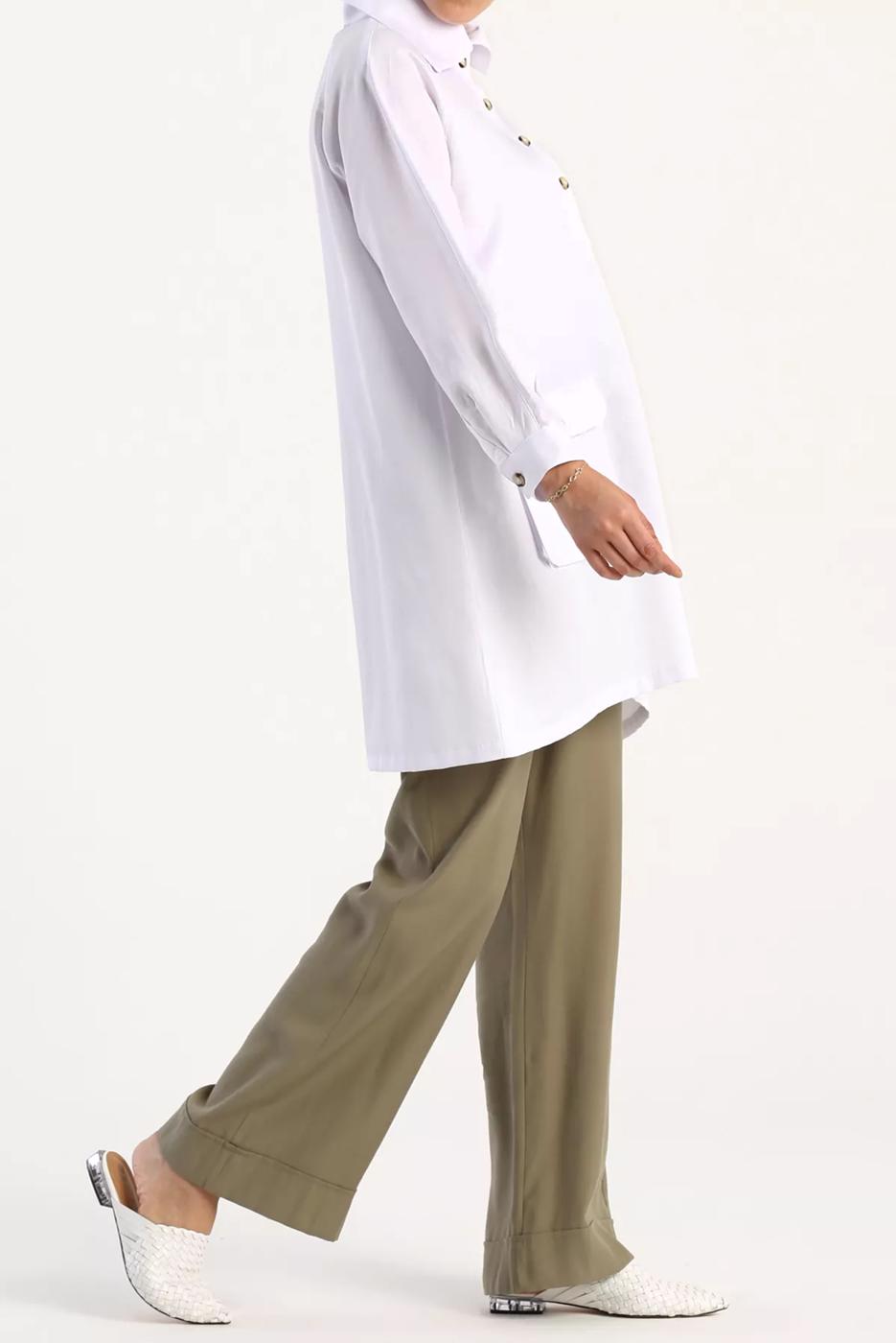 Vêtements hijab BLANC TUNIQUE COL POLO BOUTONNÉE AVEC POCHE 12005