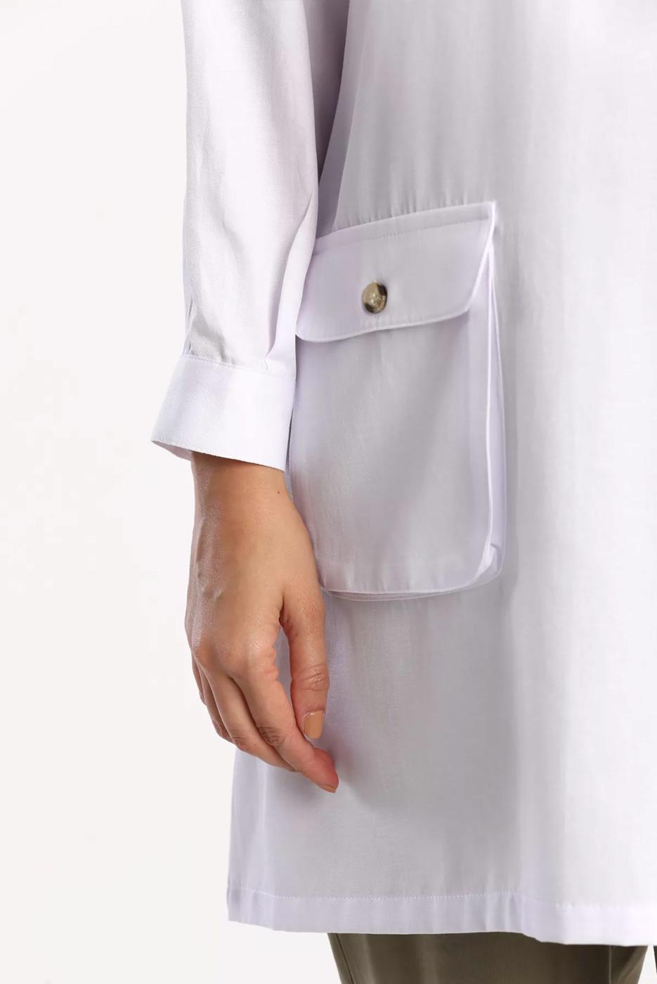 Vêtements hijab BLANC TUNIQUE COL POLO BOUTONNÉE AVEC POCHE 12005
