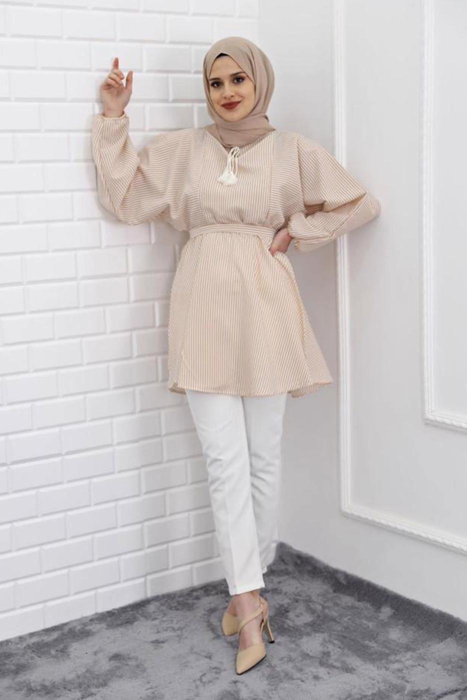 Vêtements hijab BEIGE TUNIQUE RAYÉE 1218