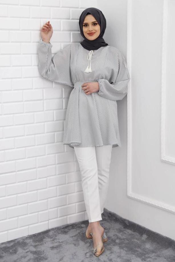 Tesettür giyim  ÇİZGİLİ BAĞCIKLI TUNİK 1218  - TRENDTESETTÜR