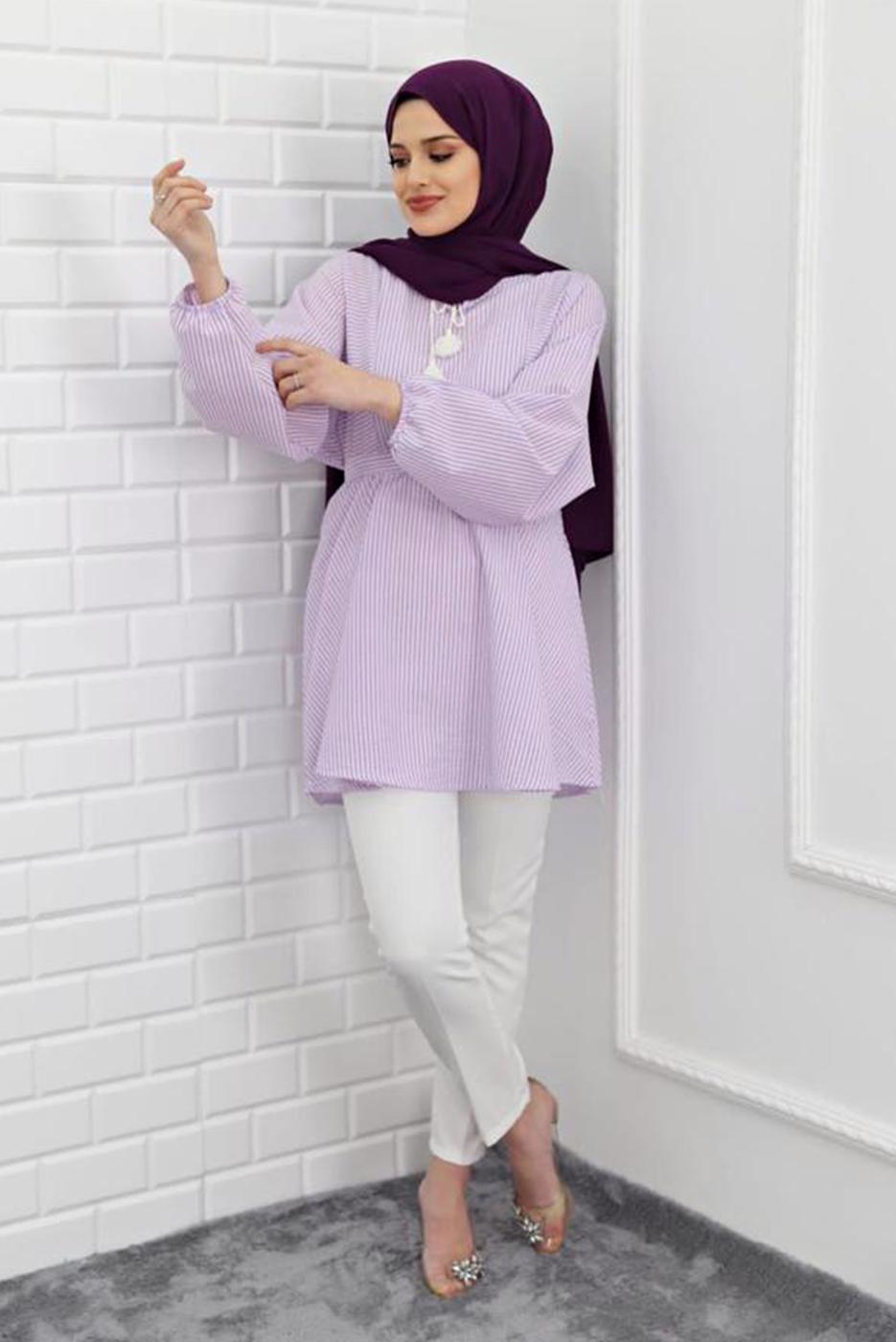 Vêtements hijab POURPRE TUNIQUE RAYÉE 1218