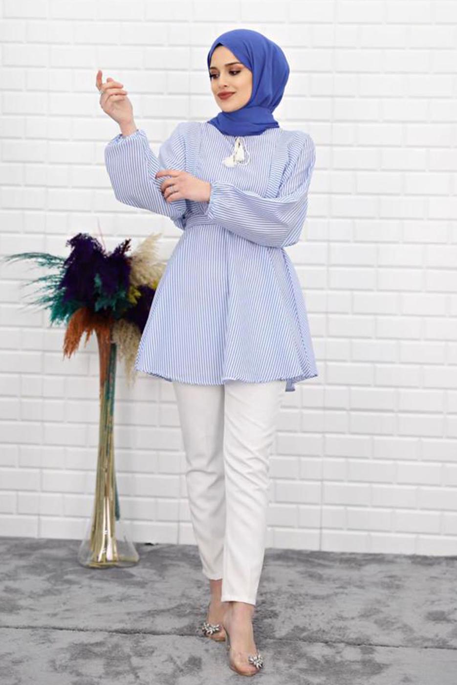 Vêtements hijab BLEU MARINE TUNIQUE RAYÉE 1218