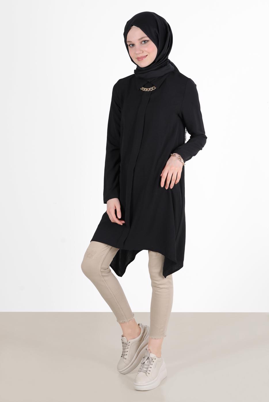 Tesettür giyim SİYAH YAKASI ZİNCİRLİ ASİMETRİK KESİM TUNİK 1301 