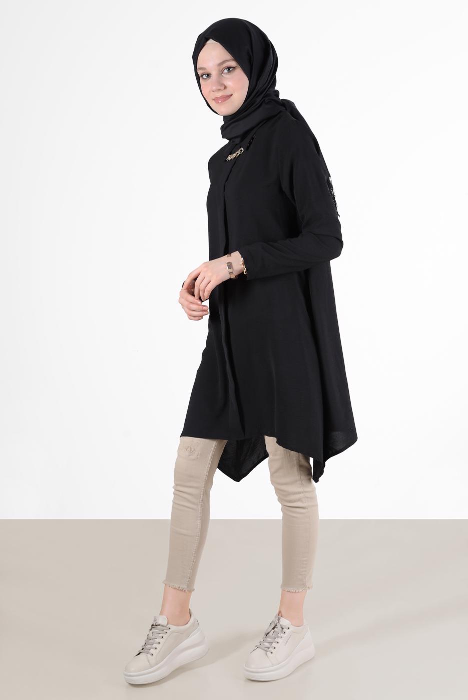 Tesettür giyim SİYAH YAKASI ZİNCİRLİ ASİMETRİK KESİM TUNİK 1301 
