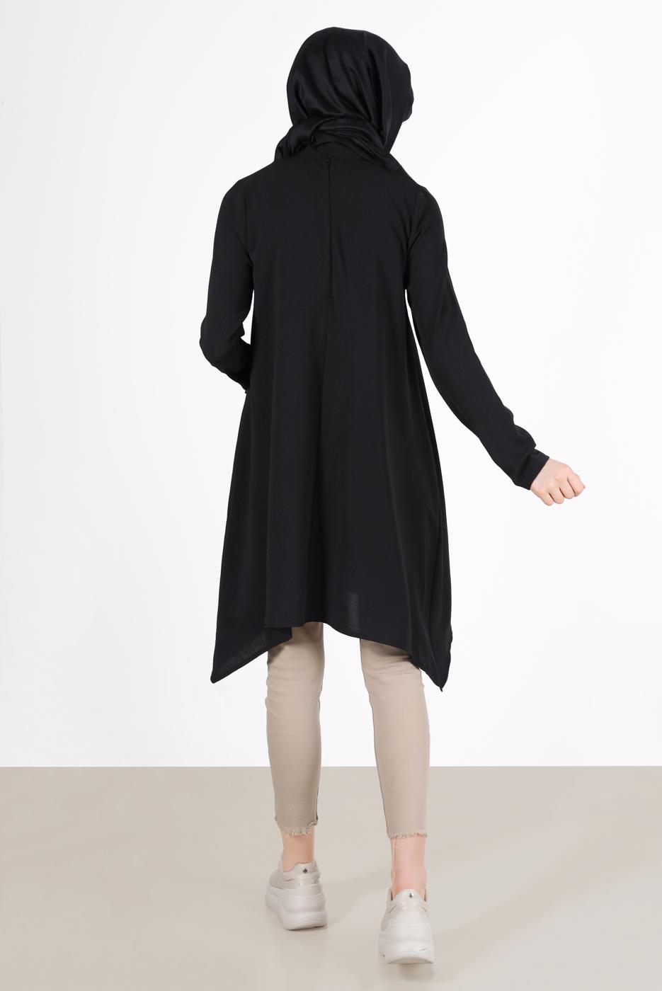 Tesettür giyim SİYAH YAKASI ZİNCİRLİ ASİMETRİK KESİM TUNİK 1301 