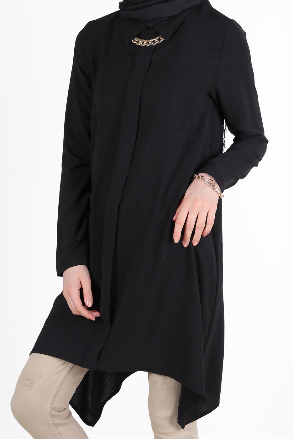 Tesettür giyim SİYAH YAKASI ZİNCİRLİ ASİMETRİK KESİM TUNİK 1301 