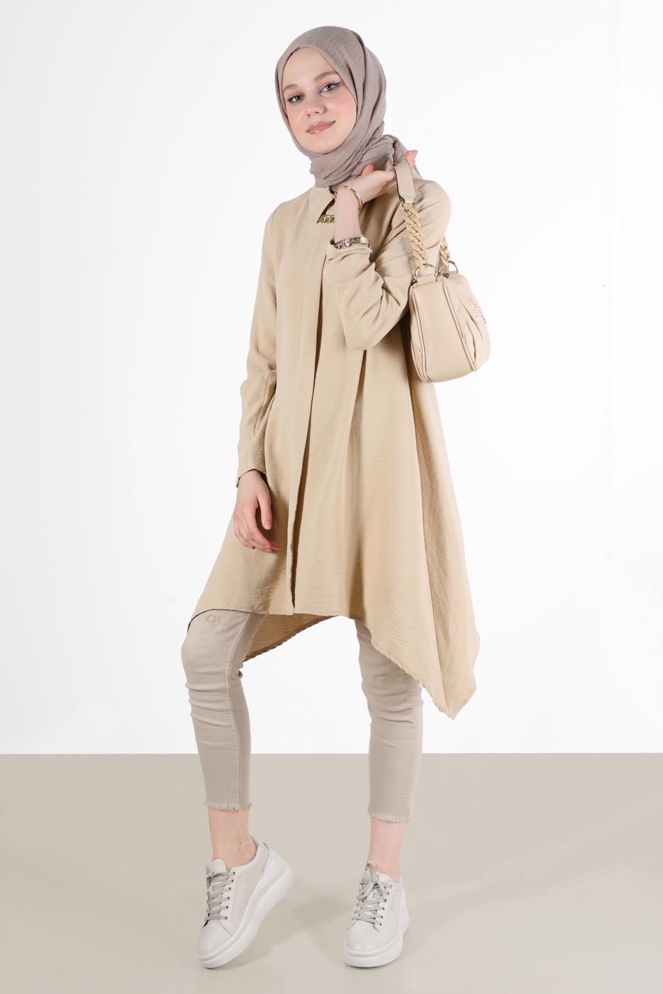 Tesettür giyim KAHVE YAKASI ZİNCİRLİ ASİMETRİK KESİM TUNİK 1301 