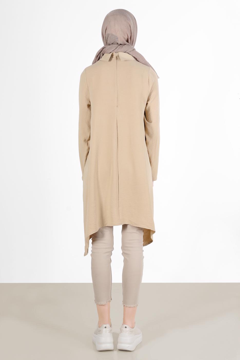 Tesettür giyim KAHVE YAKASI ZİNCİRLİ ASİMETRİK KESİM TUNİK 1301 