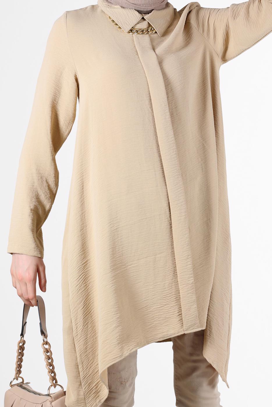 Tesettür giyim KAHVE YAKASI ZİNCİRLİ ASİMETRİK KESİM TUNİK 1301 