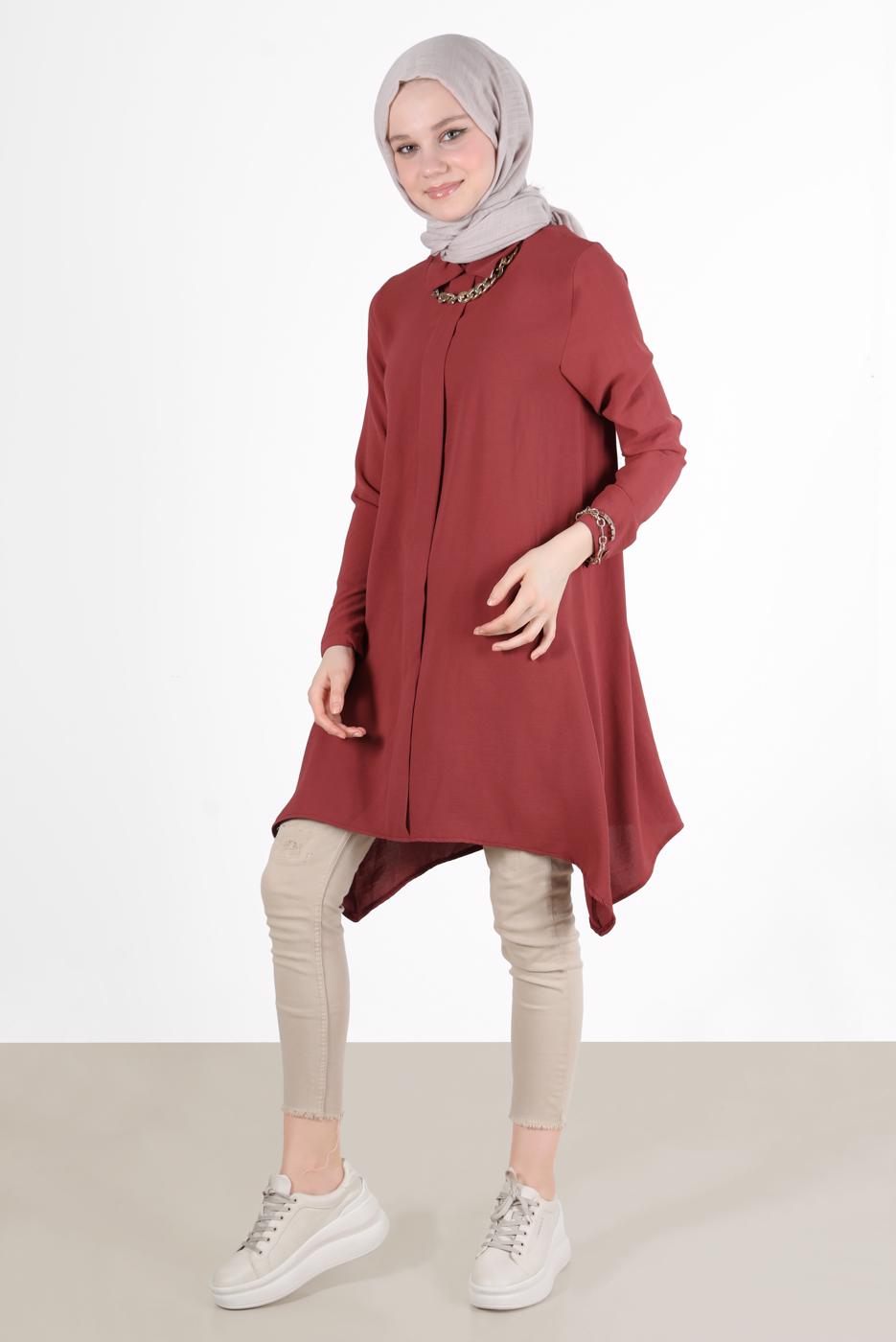 Tesettür giyim KAHVE YAKASI ZİNCİRLİ ASİMETRİK KESİM TUNİK 1301 