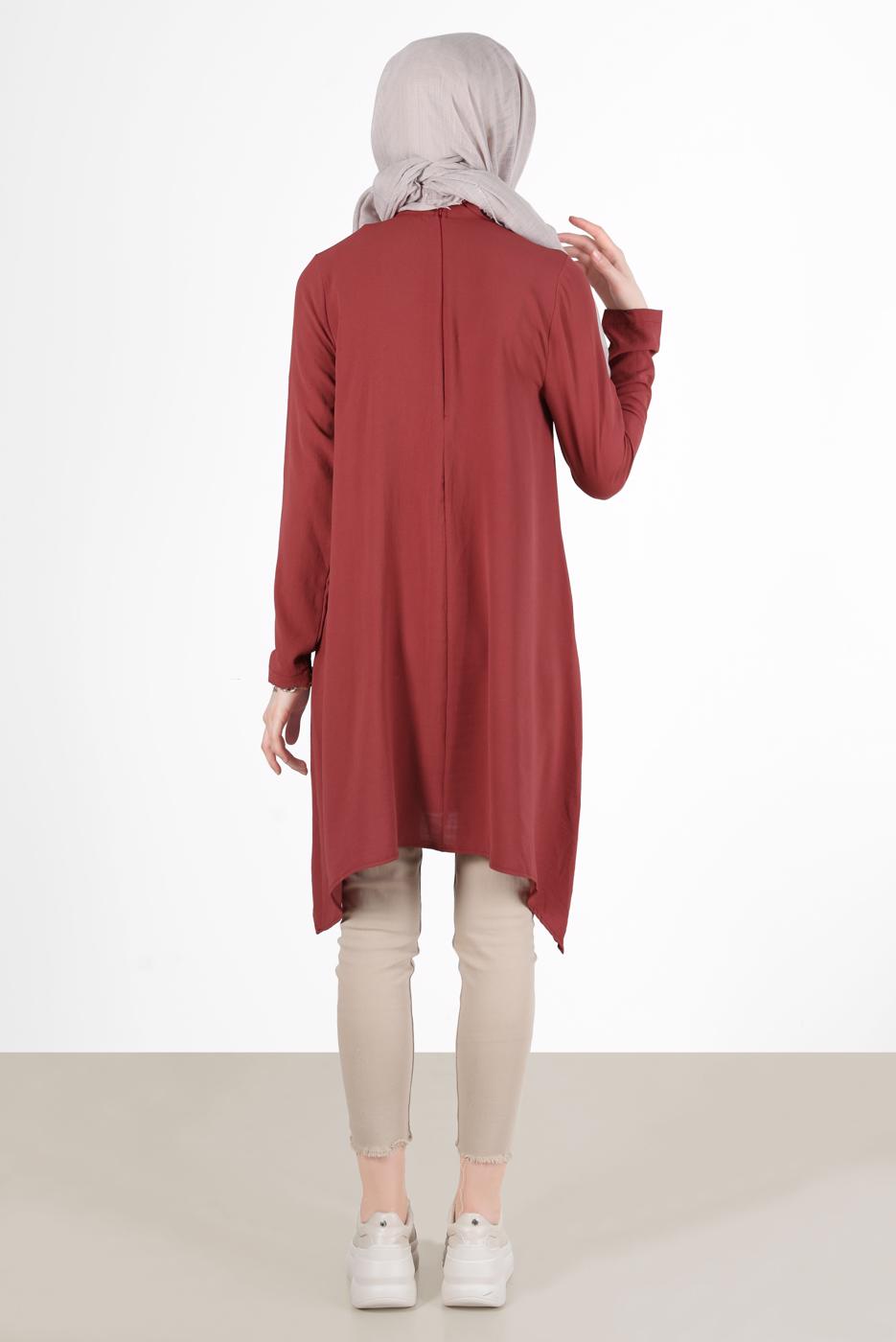 Tesettür giyim KAHVE YAKASI ZİNCİRLİ ASİMETRİK KESİM TUNİK 1301 