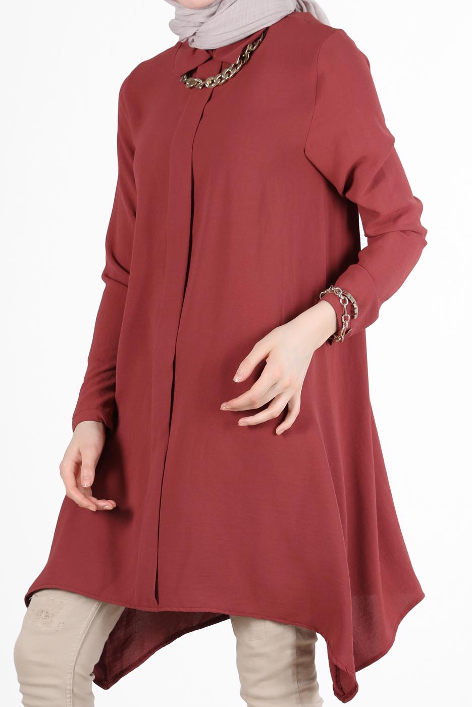 Tesettür giyim KAHVE YAKASI ZİNCİRLİ ASİMETRİK KESİM TUNİK 1301 