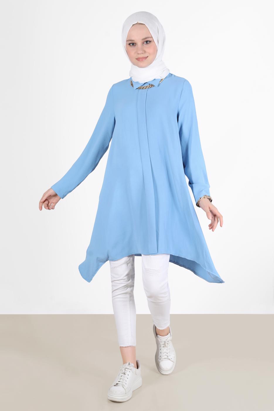 Tesettür giyim YEŞİL YAKASI ZİNCİRLİ ASİMETRİK KESİM TUNİK 1301 