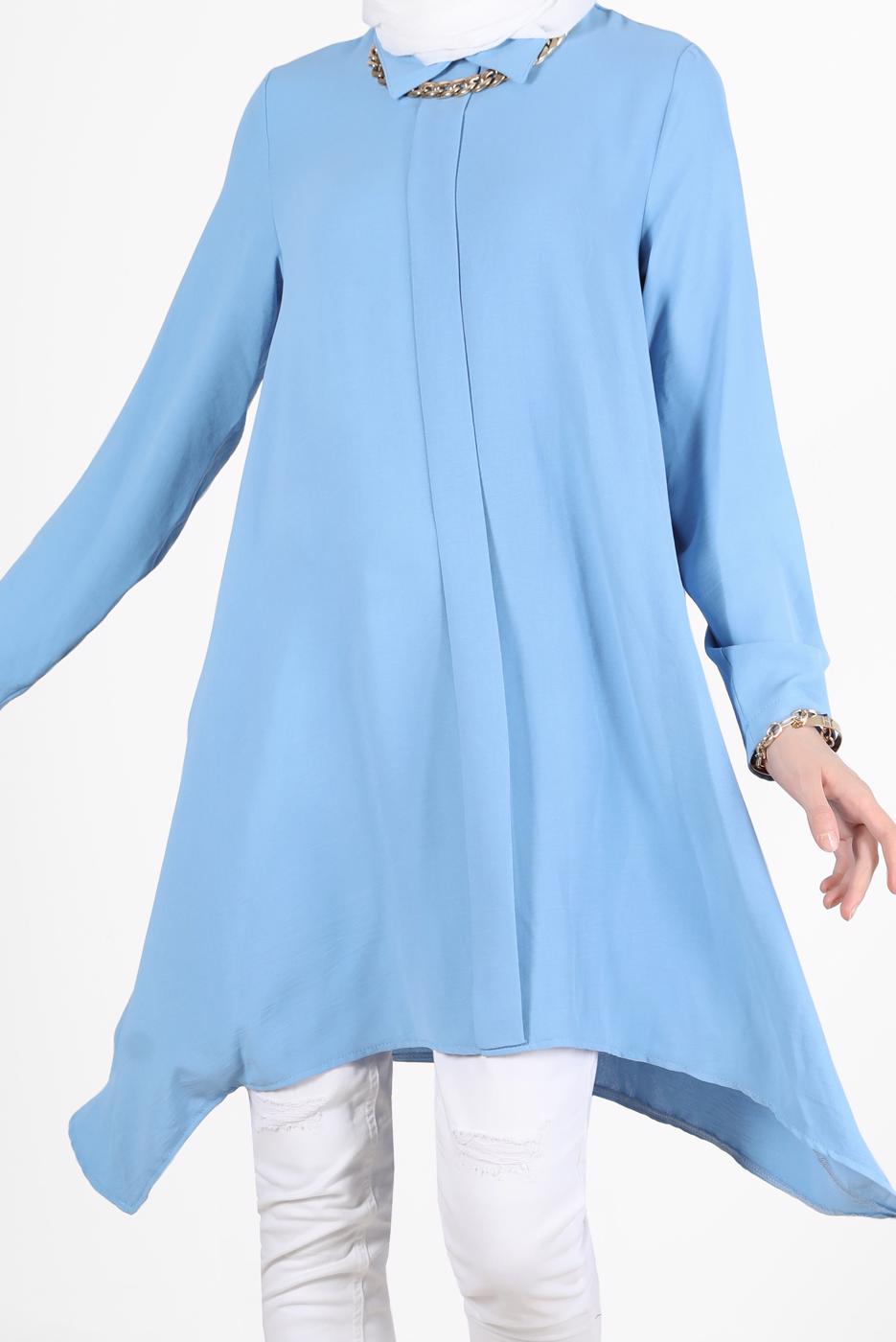 Tesettür giyim YEŞİL YAKASI ZİNCİRLİ ASİMETRİK KESİM TUNİK 1301 