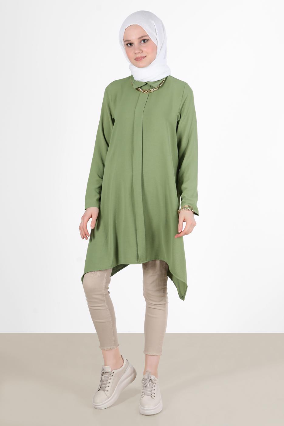 Tesettür giyim YEŞİL YAKASI ZİNCİRLİ ASİMETRİK KESİM TUNİK 1301 