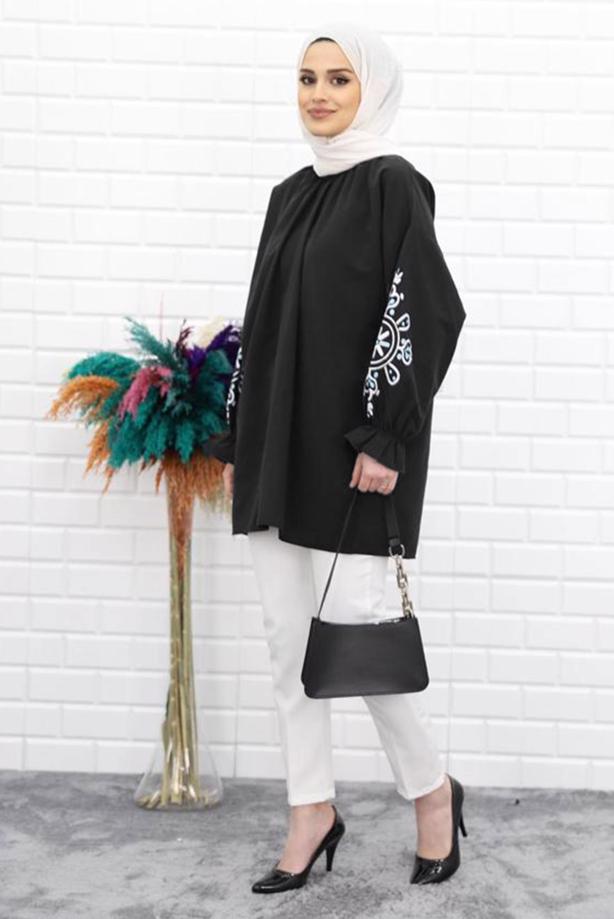 Vêtements hijab  PRINT DETAIL TUNIC WITH ELASTIC CUFFS 1518  - TRENDTESETTÜR