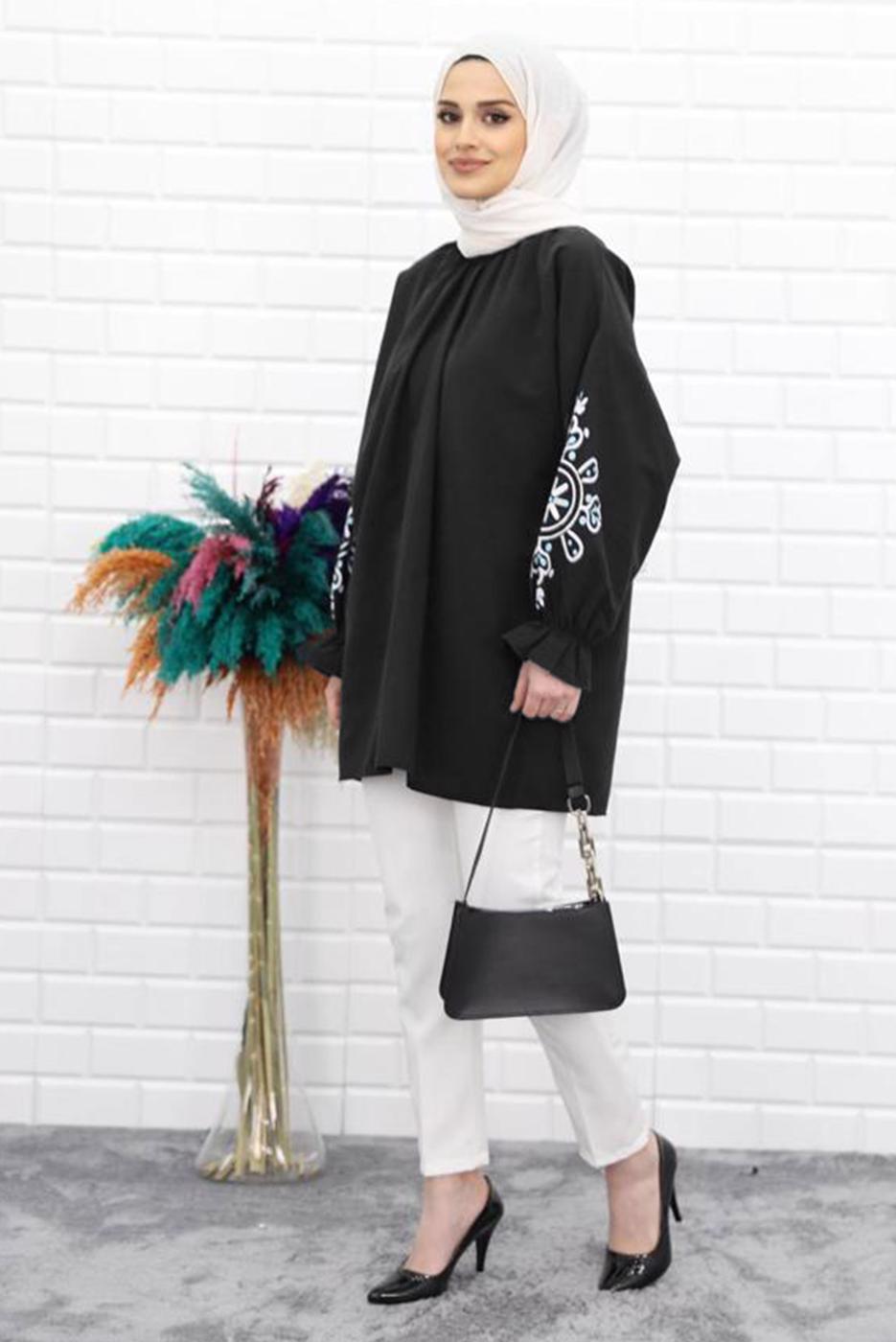 Vêtements hijab NOIR TUNIQUE IMPRIMÉ AVEC POIGNETS ÉLASTIQUE 1518