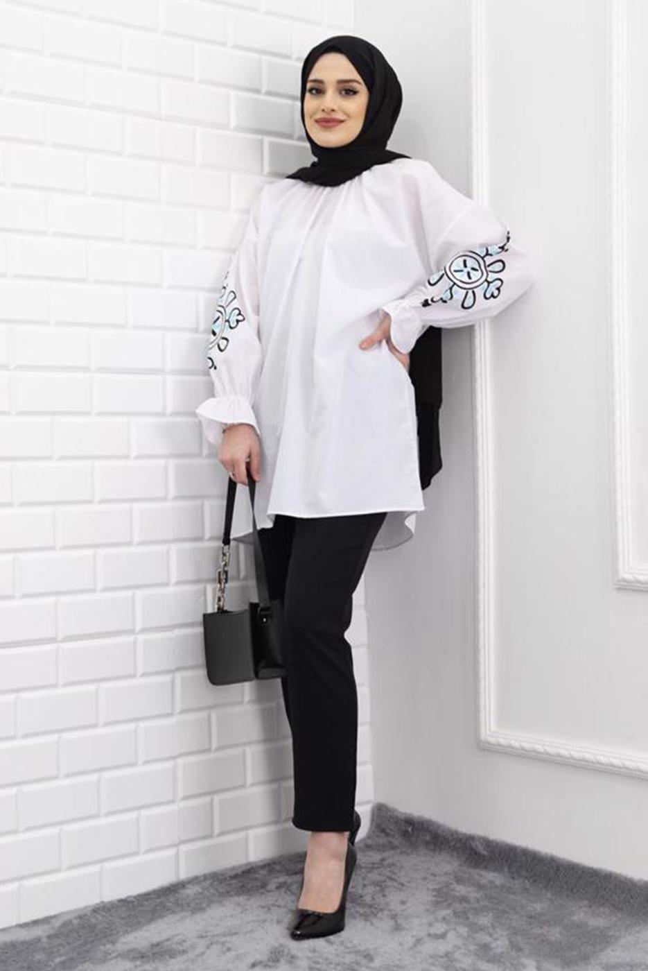 Vêtements hijab BLANC TUNIQUE IMPRIMÉ AVEC POIGNETS ÉLASTIQUE 1518