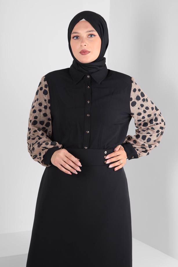 Vêtements hijab NOIR ALVINA TUNIQUE À MANCHES À MOTIF T 20255 - TRENDTESETTÜR