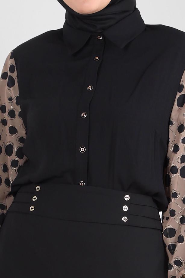 Vêtements hijab NOIR ALVINA TUNIQUE À MANCHES À MOTIF T 20255 - TRENDTESETTÜR