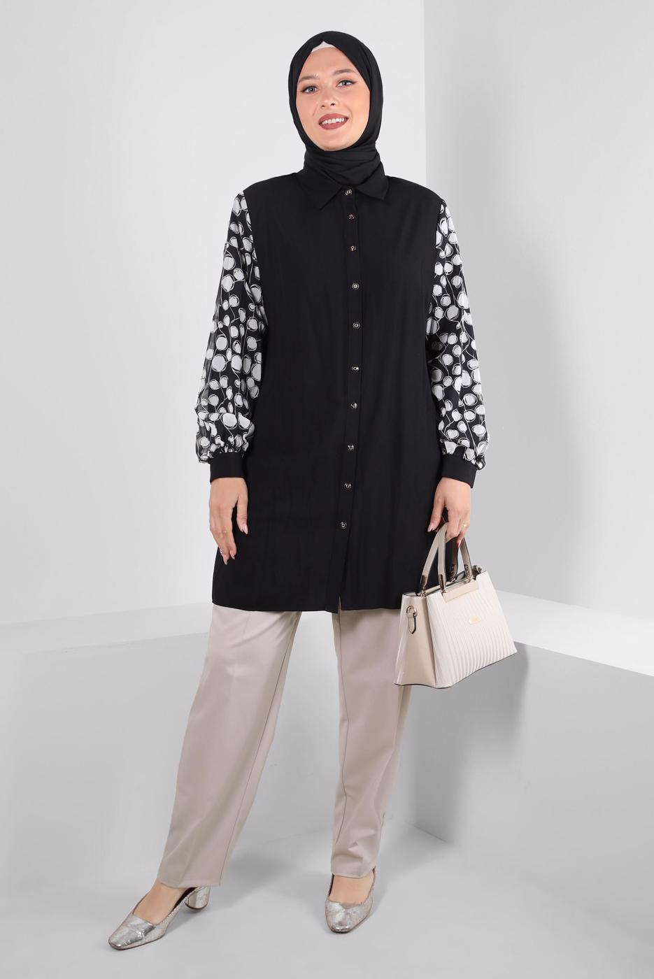 Tesettür giyim SİYAH ALVİNA KOLU DESENLİ TUNİK T 20255
