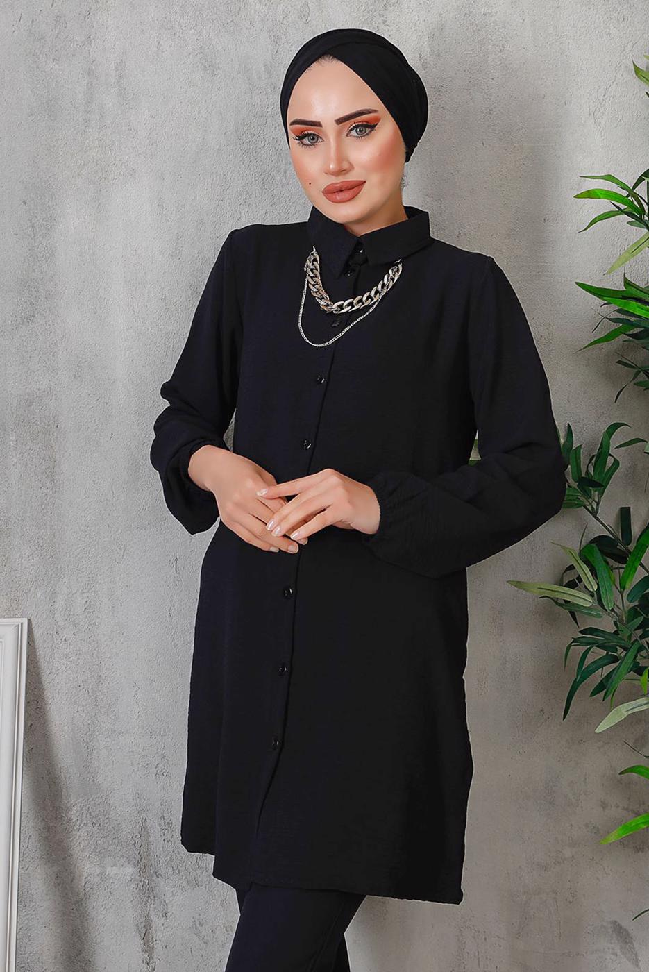 Tesettür giyim SİYAH AKSESUAR DETAYLI DÜĞMELİ TUNİK 3352 