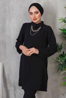 Tesettür giyim SİYAH AKSESUAR DETAYLI DÜĞMELİ TUNİK 3352 