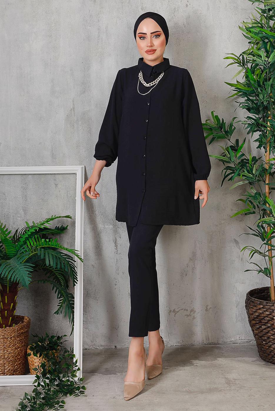 Tesettür giyim SİYAH AKSESUAR DETAYLI DÜĞMELİ TUNİK 3352 