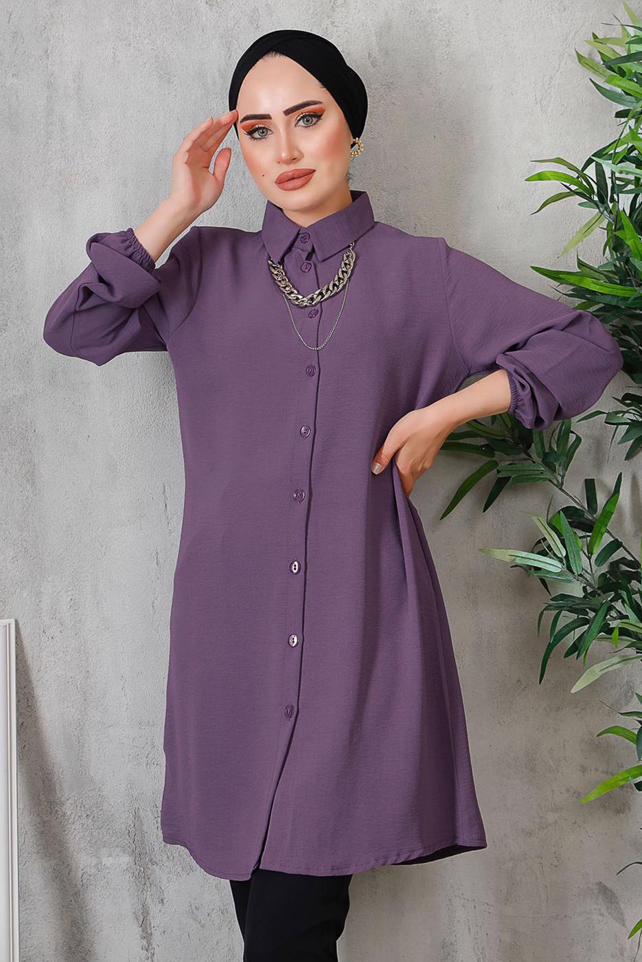 Tesettür giyim MOR AKSESUAR DETAYLI DÜĞMELİ TUNİK 3352 