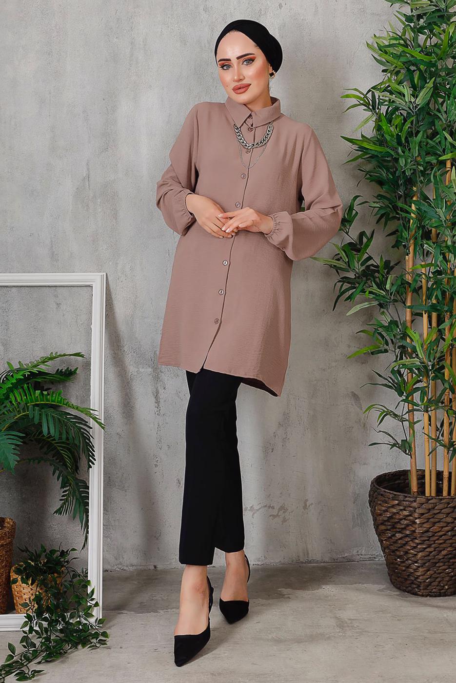 Tesettür giyim VİZON AKSESUAR DETAYLI DÜĞMELİ TUNİK 3352 