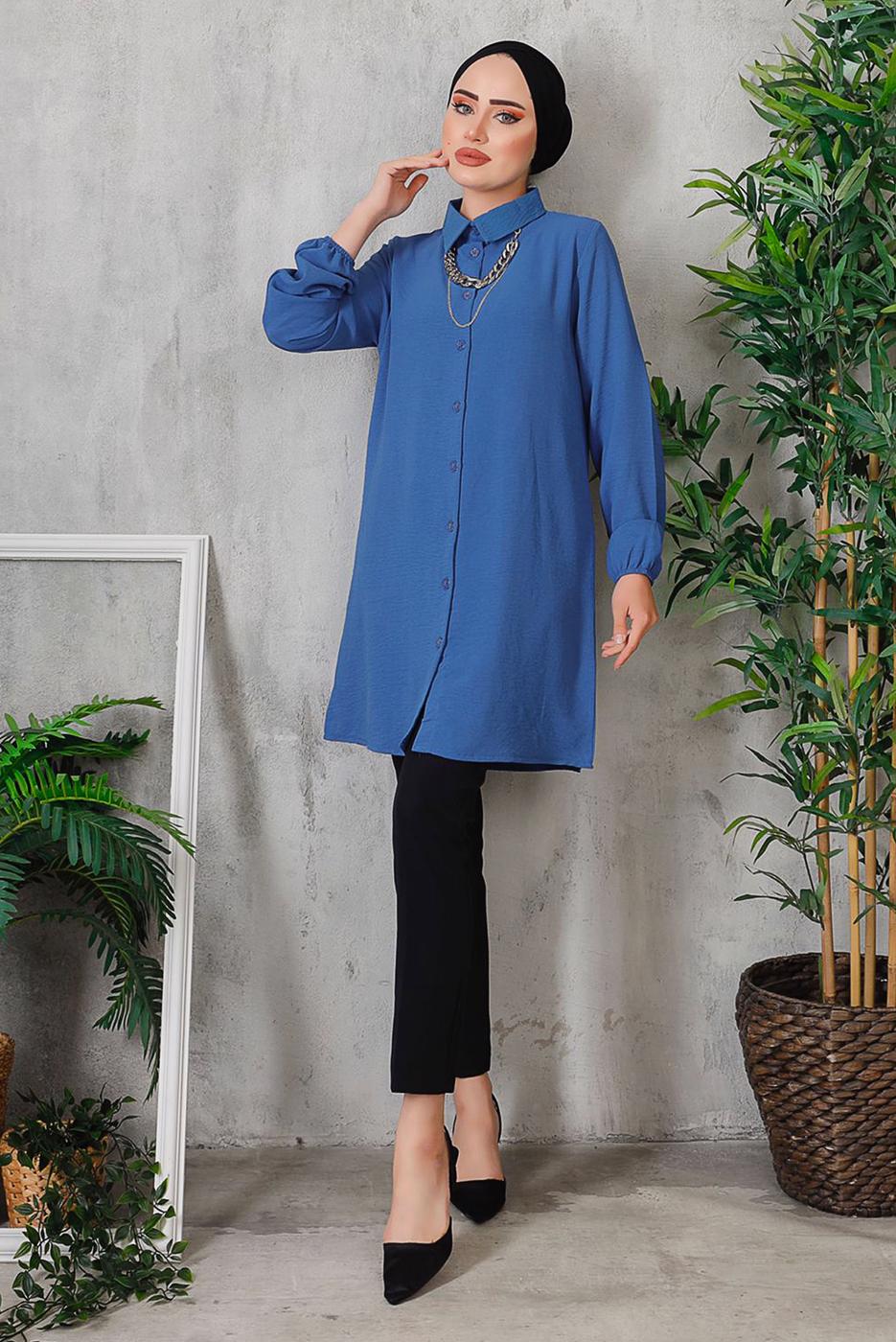 Tesettür giyim LACİVERT AKSESUAR DETAYLI DÜĞMELİ TUNİK 3352 