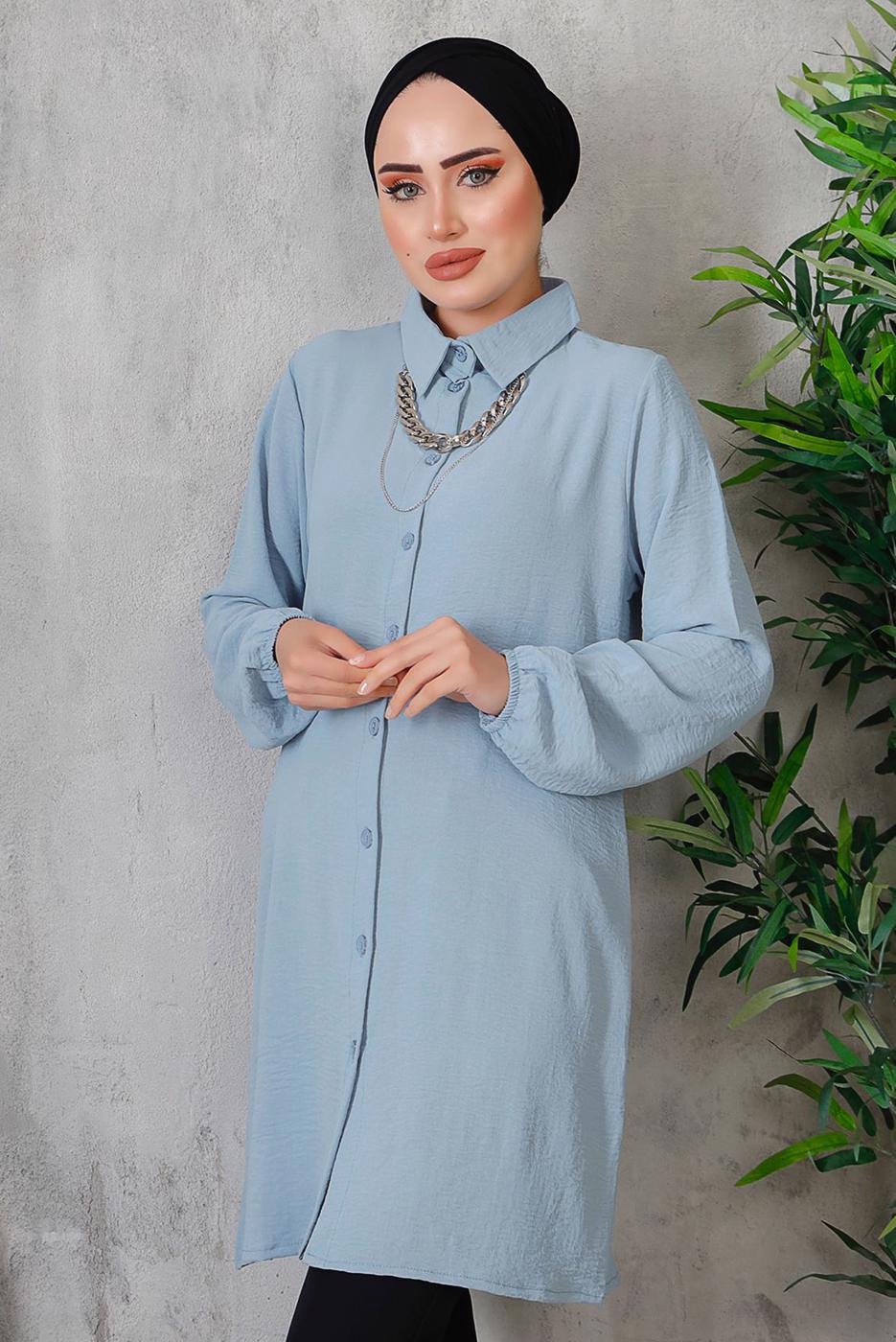 Tesettür giyim MAVİ AKSESUAR DETAYLI DÜĞMELİ TUNİK 3352 