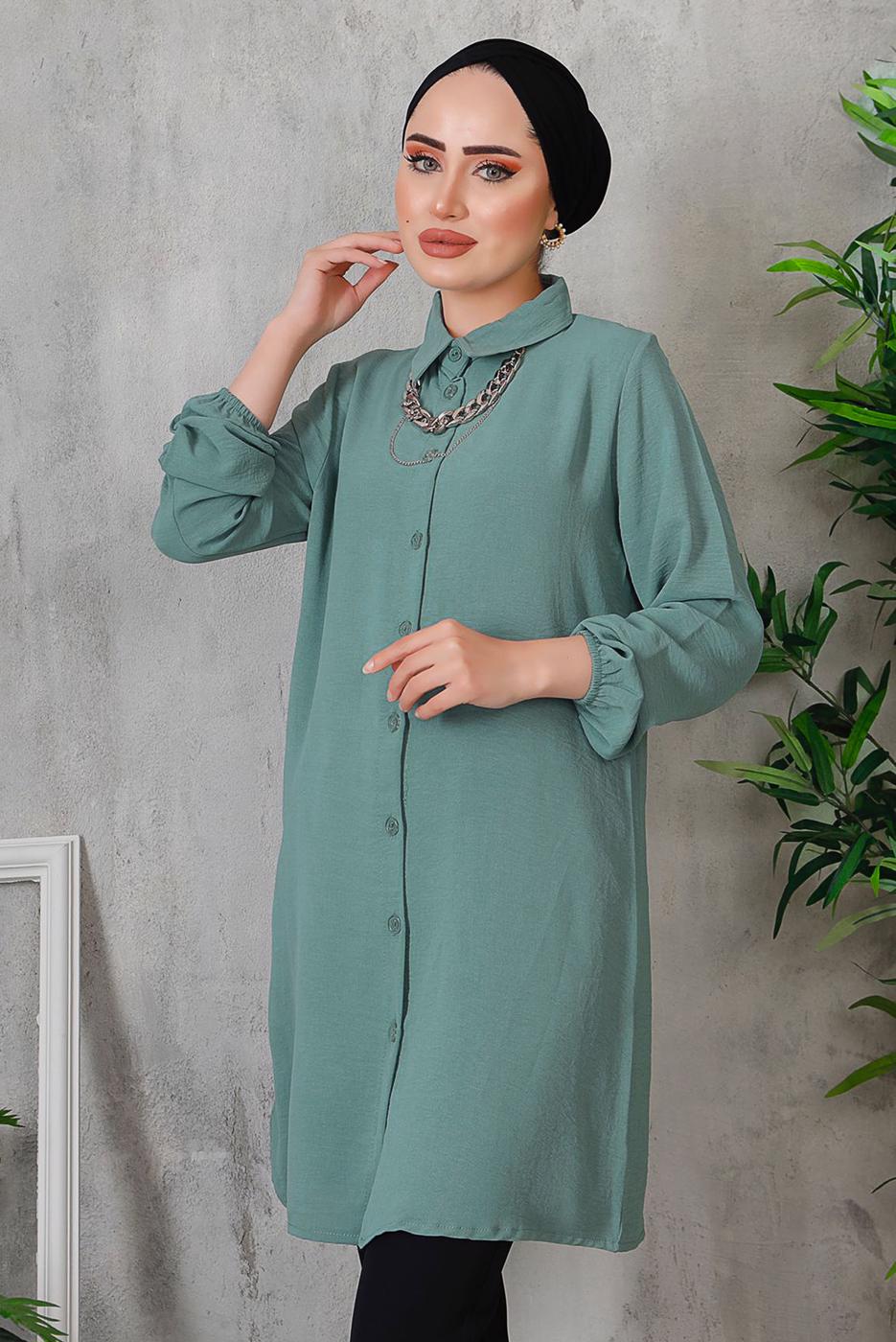 Tesettür giyim YEŞİL AKSESUAR DETAYLI DÜĞMELİ TUNİK 3352 
