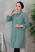 Tesettür giyim YEŞİL AKSESUAR DETAYLI DÜĞMELİ TUNİK 3352 