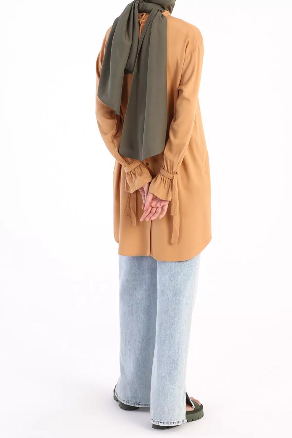 Tesettür giyim TURUNCU MANŞETLERİ BAĞLAMA DETAYLI ARKADAN DÜĞMELİ TUNİK 35005 