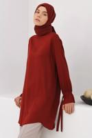 Tesettür giyim KAHVE MANŞETLERİ BAĞLAMA DETAYLI ARKADAN DÜĞMELİ TUNİK 35005 