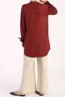 Tesettür giyim KAHVE MANŞETLERİ BAĞLAMA DETAYLI ARKADAN DÜĞMELİ TUNİK 35005 