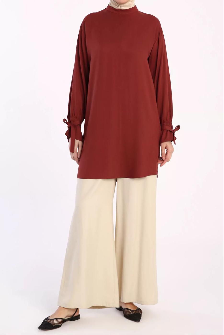 Tesettür giyim KAHVE MANŞETLERİ BAĞLAMA DETAYLI ARKADAN DÜĞMELİ TUNİK 35005 