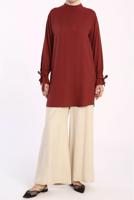 Tesettür giyim KAHVE MANŞETLERİ BAĞLAMA DETAYLI ARKADAN DÜĞMELİ TUNİK 35005 