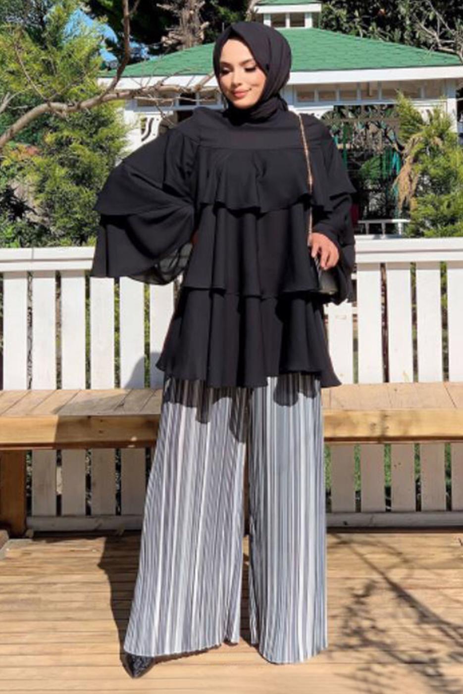 Tesettür giyim SİYAH VOLANLI TUNİK 3542 