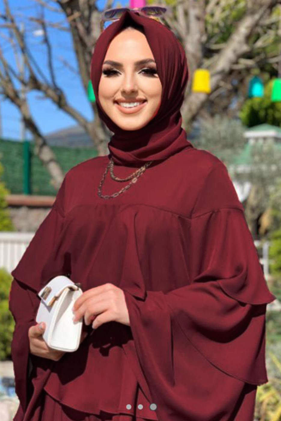 Tesettür giyim BORDO VOLANLI TUNİK 3542 