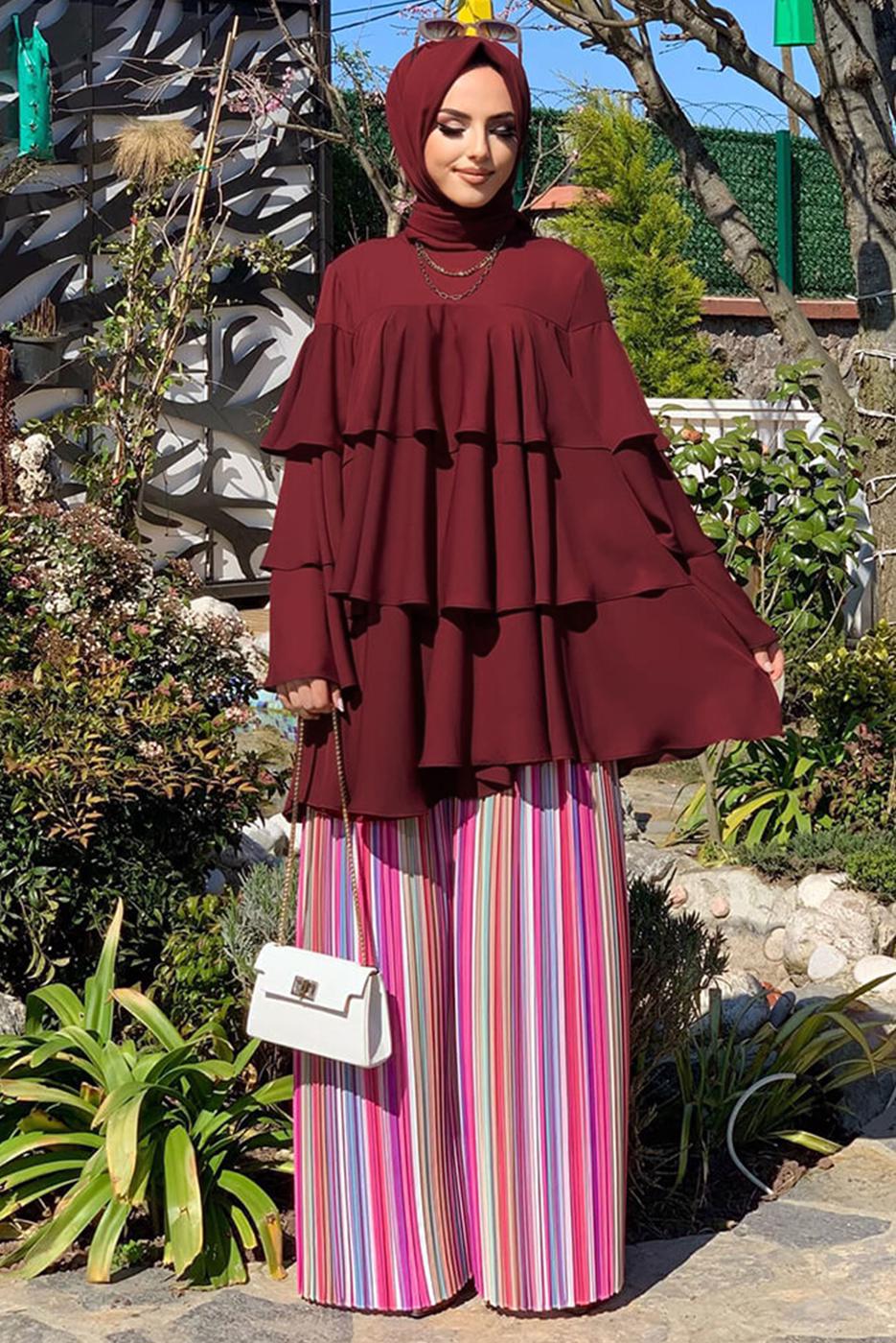 Tesettür giyim BORDO VOLANLI TUNİK 3542 