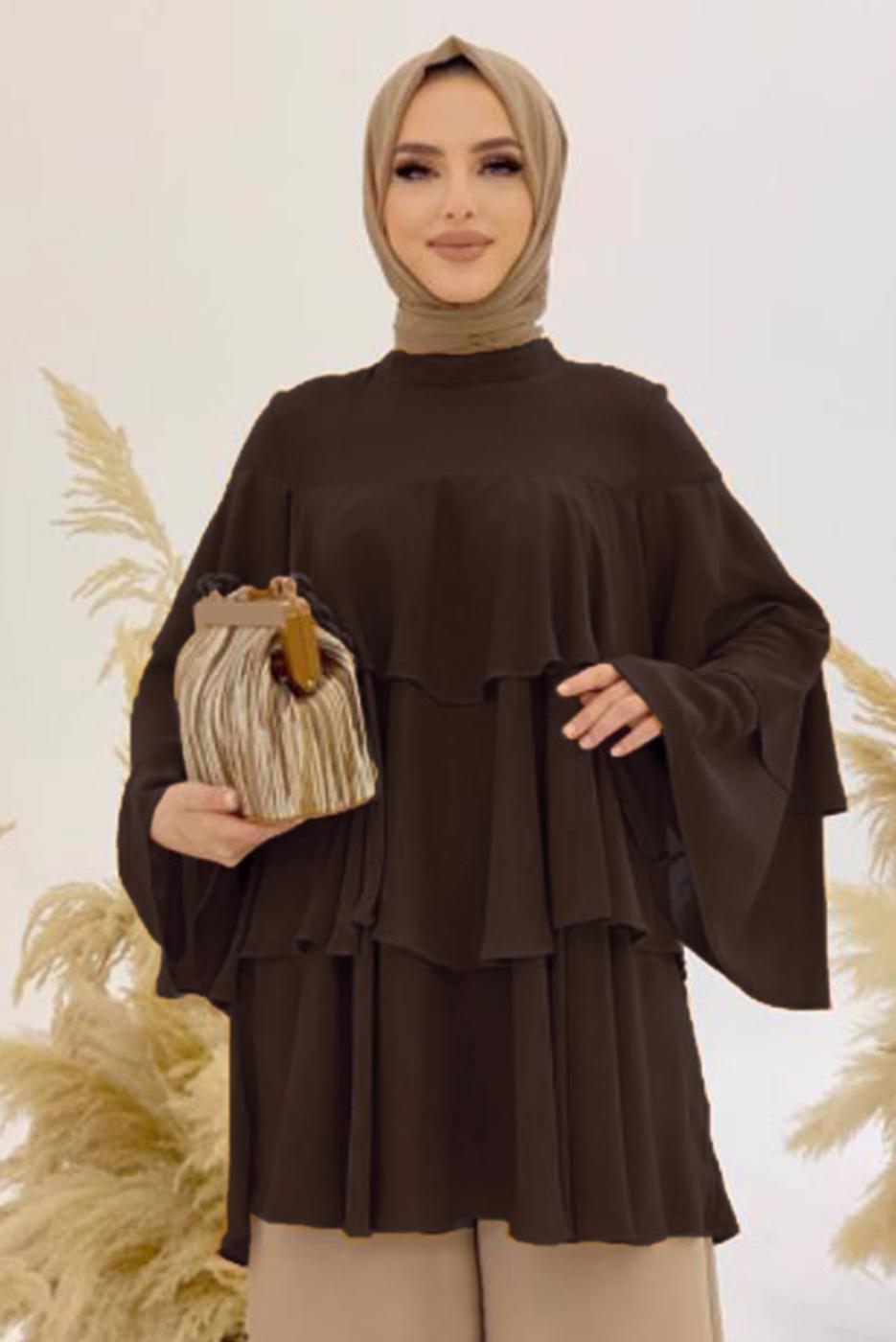 Tesettür giyim KAHVE VOLANLI TUNİK 3542 