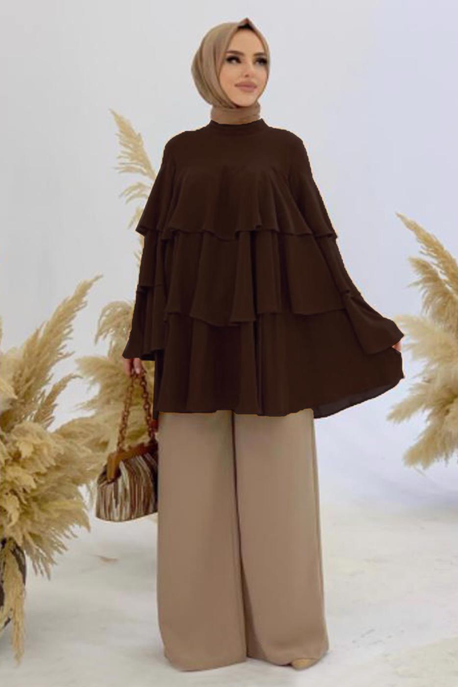 Tesettür giyim KAHVE VOLANLI TUNİK 3542 