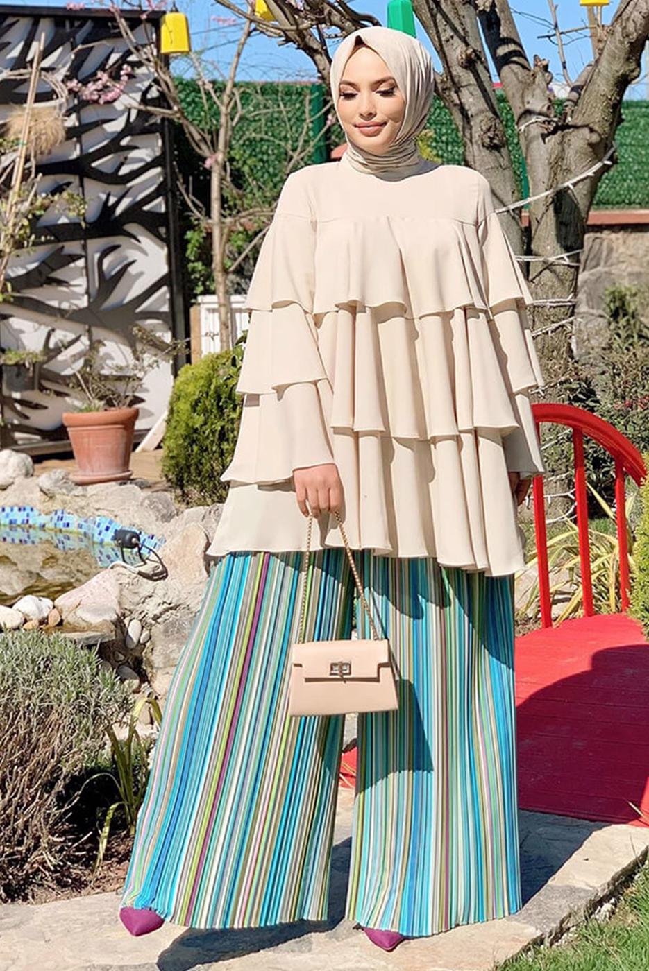 Tesettür giyim BEJ VOLANLI TUNİK 3542 